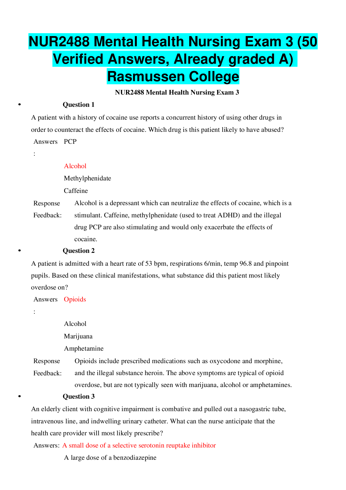 Preview image for NUR2488 Mental Health Nursing Exam 3 (50 Verified Answers, Already graded A) Rasmussen College
